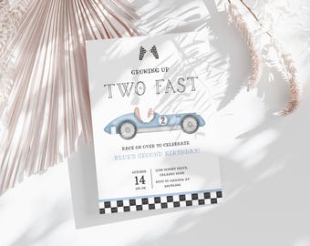 Watercolor Race Car Birthday Invitation, Two Fast Party (Editable)