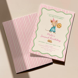 May include: A rectangular birthday invitation card with a pink and white striped border, featuring a central illustration of a mouse in blue overalls and a pink party hat holding a cookie. Text reads: If you give a mouse a cookie, he'll want to celebrate, Mila's Second Birthday, Saturday 16th July 2027 at 2 PM, Rosewood Avenue, 456 Pinkville, RSVP by 2nd August at 123 456 7890.
