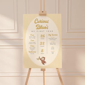 Op de afbeelding: Een lichtgeel en wit gestreept bord op een houten ezel. Het bord heeft de tekst "Curious Blue's My First Year" in een grillige lettertype. Het bevat de lengte van het kind van 66 cm, het gewicht van 14,5 kg en andere details.
