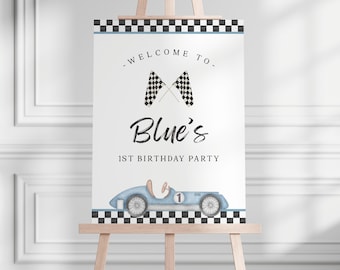 Aquarell Rennwagen Willkommensschild zum 1. Geburtstag (bearbeitbare Canva-Vorlage)