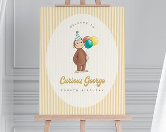 Curious George Birthday Welcome Sign, Watercolor Monkey, Editable Template (Digital Download)