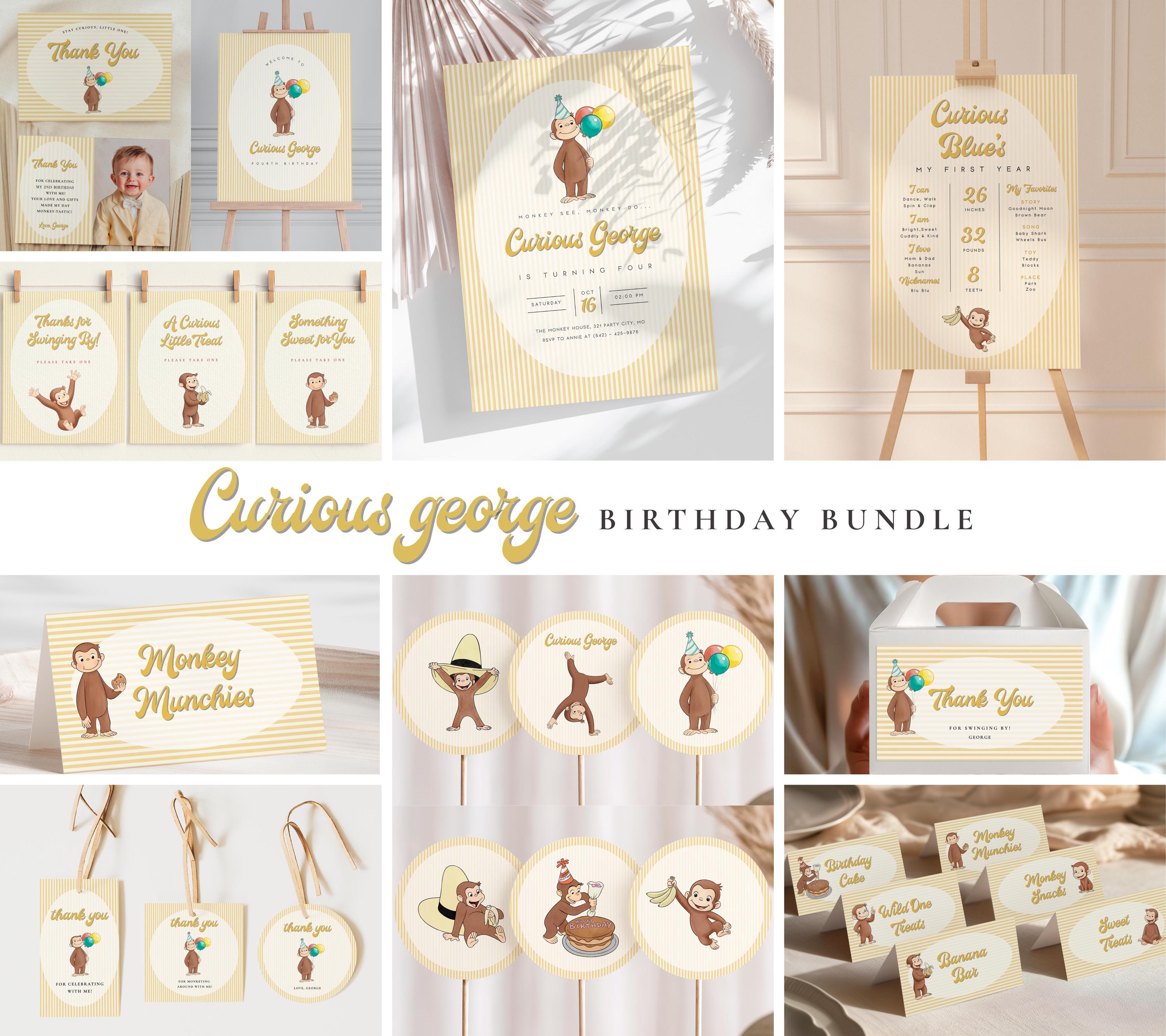 Curious George Birthday Welcome Sign, Watercolor Monkey, Editable ...