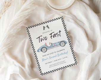 Watercolor Race Car Birthday Invitation, Two Fast, Editable Template