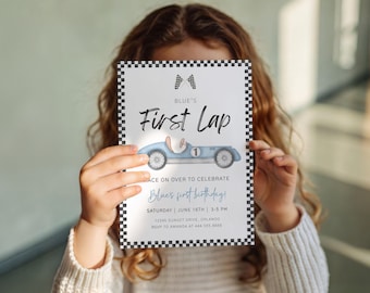 May include: A birthday invitation with a race car theme. The invitation features a light blue race car illustration and the text "Blue's First Lap". The border is a black and white checkered pattern. The invitation includes event details.