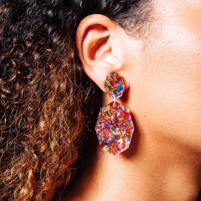 Gemstar Double Drops Fiesta Confetti Lush Glitter Acrylic Each To Own Original Geometric Drop Earrings Laser Cut image 3