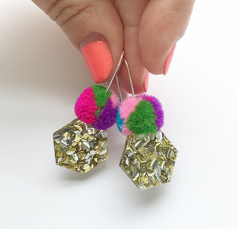 Hexie Lush Glitter Pom Drops / Each To Own / makeforgood / Laser Cut Glitter Earrings image 1