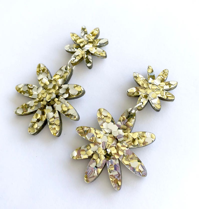 Flora Double Drop Lush Gold and Silver Combo Glitter Laser Cut Acrylic Flower Drop Earrings Each To Own Original image 7