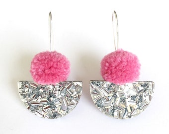 Pom Scallop Drop - Dusty Pink Pom Pom & Silver Lush Glitter - Laser Cut Acrylic Drop Earring - Each To Own