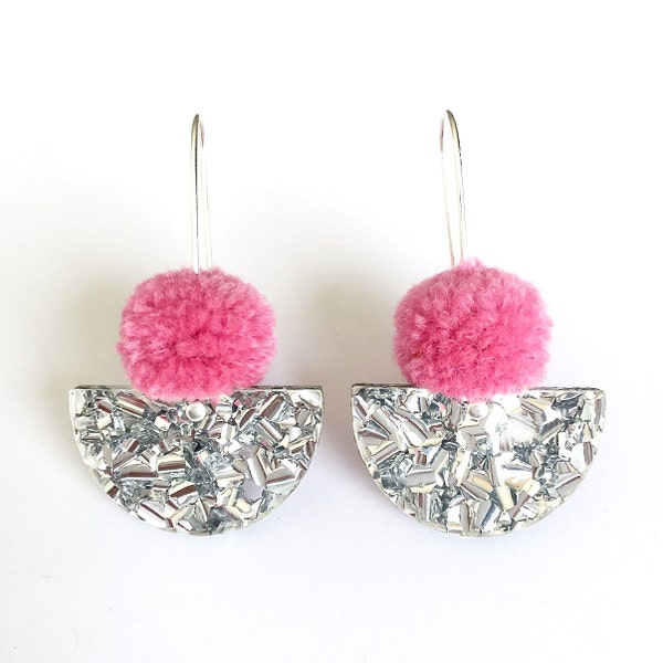 Pom Scallop Drop - Dusty Pink Pom Pom & Silver Lush Glitter - Laser Cut Acrylic Drop Earring - Each To Own