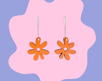 Orange Daisy Drops  - Orange Hand Painted Tasmanian Oak - Wooden Floral Drop Earrings Laser Cut - Each To Own Original