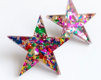 Fiesta Confetti Glitter Mega Star Studs - Laser Cut Stud Earrings - Each To Own Original - Multi Colour Perspex Stud