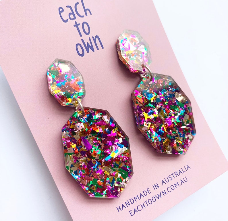 Gemstar Double Drops Fiesta Confetti Lush Glitter Acrylic Each To Own Original Geometric Drop Earrings Laser Cut image 8