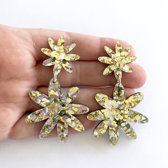 Flora Double Drop Lush Gold and Silver Combo Glitter Laser Cut Acrylic Flower Drop Earrings Each to Own Original Etsy Canada