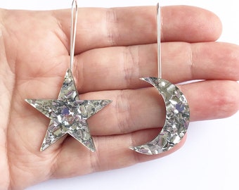 Night Sky Drops - Silver Glitter - Laser Cut Drops Earrings - Silver Glitter Star and Moon Earrings - Each To Own Original