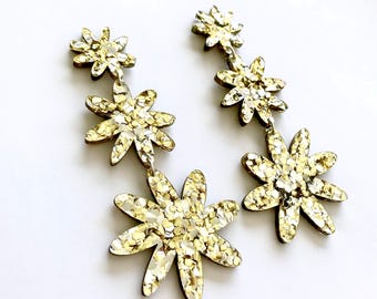 Flora Triple Drop - Gold Glitter - Laser Cut Acrylic Flower Drop Earrings - Each To Own Original