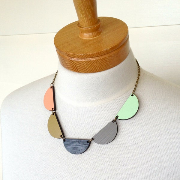 Scalloped Wooden Necklace - Hand Painted - Winter Sun - mint black apricot flesh grey khaki