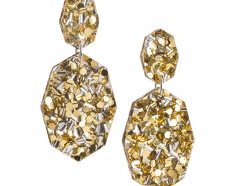 Gemstar Double Drops - Gold Lush Glitter - Geometric Drop Earrings Laser Cut