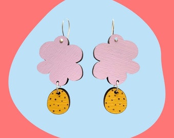 Pollen Drops  - Lilac and Yellow Hand Painted Tasmanian Oak - Geometric  Drop Earrings Laser Cut - Each To Own Wooden Original