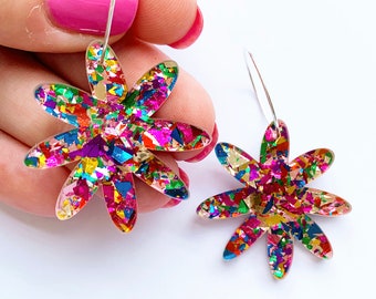 Fiesta Confetti Flora Hoops - Multi Coloured Lush Glitter Acrylic - Laser Cut Perspex Flower Hoop Earring - Each To Own Original