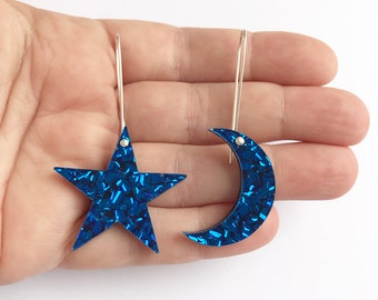 Night Sky Drops - Electric Blue Glitter - Laser Cut Drops Earrings - Blue Glitter Star and Moon Earrings - Each To Own Original