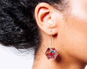 Hexie Glitter Drops - Fiesta Mutli Coloured Glitter Acrylic - Each To Own Original - Geometric Laser Cut Perspex Earrings