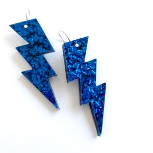 Electric Cobalt Blue Bolt Drops Earrings - Laser Cut Glitter Acrylic Lightning Earrings - Dark Blue Glitter