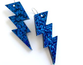 Electric Cobalt Blue Bolt Drops Earrings - Laser Cut Glitter Acrylic Lightning Earrings - Dark Blue Glitter