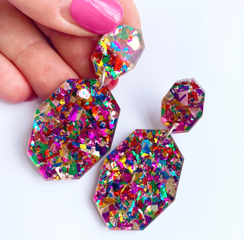 Gemstar Double Drops Fiesta Confetti Lush Glitter Acrylic Each To Own Original Geometric Drop Earrings Laser Cut image 6