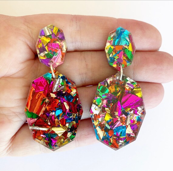 The Original Fireworks Gemstar Double Drops Lush Glitter Geometric Drop  Earrings Laser Cut Multi Coloured Pls Read Description - Etsy