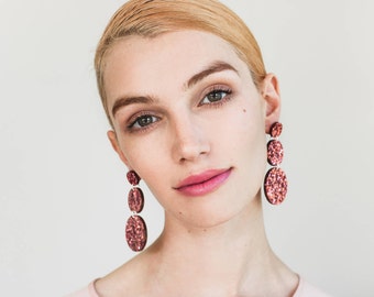 Lush Triple Drops -  Laser Cut Drop Earrings - Dusty Pink Glitter - Each To Own Exclusive