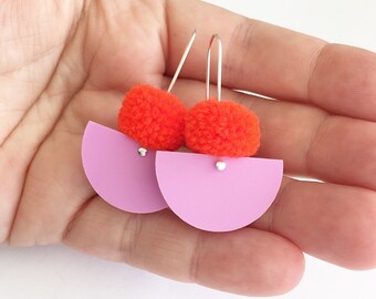 Pom Scallop Drop - Orange Neon Pom Pom & Grape Sherbet Acrylic - Laser Cut Acrylic Drop Earring - Each To Own