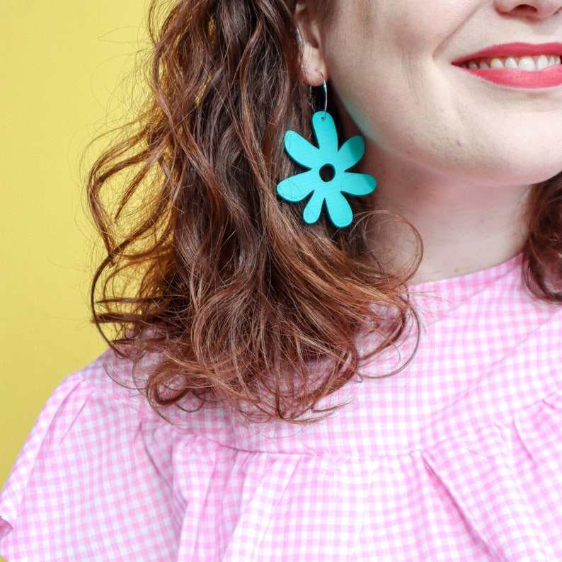 Daisy Hoops Hand Painted Tasmanian Oak Wooden Floral Hoop Earrings Laser Cut Each To Own Wooden Original Choose Your Colour image 6