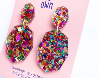 Gemstar Double Drops - Fiesta Confetti - Lush Glitter Acrylic- Each To Own Original - Geometric Drop Earrings Laser Cut