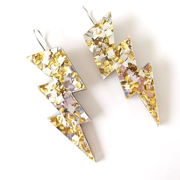 Bright Disco Gold Bolt Drops Earrings - Laser Cut Glitter Acrylic Lightning Earrings - Silver and Yellow Gold Confetti Glitter