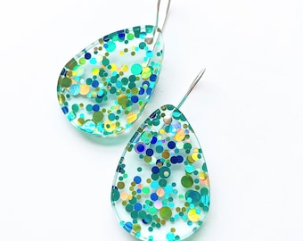 Ocean Bubbles Classic Lush Glitter Drops - Each To Own Original - Multi Coloured Glitter Perspex - Laser Cut Earrings