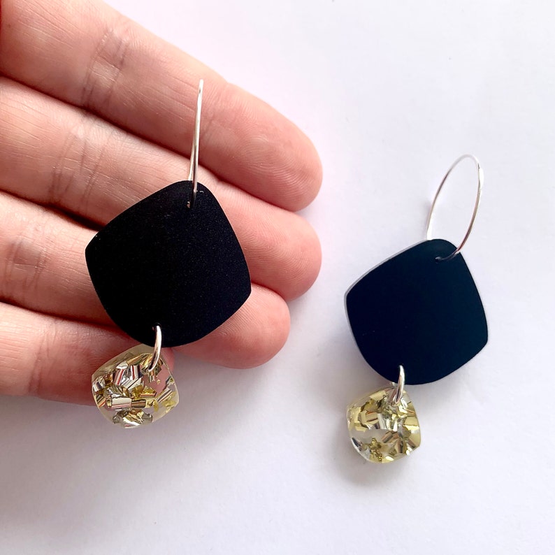 Double Pippi Drop HOOP OR HOOK Black Matte and Glitter Gold Silver Laser Cut Acrylic Geometric Drop Earrings Each To Own Original image 8