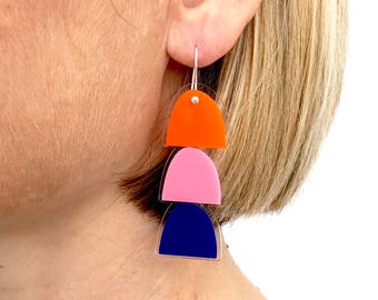 Hey Stacker Drops - Laser Cut Acrylic Drop Earrings - Each To Own Original - Orange, Pink, Blue