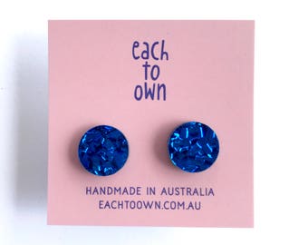 15mm Round Stud - Laser Cut Acrylic Earring - Electric Blue - Each To Own Classic - Cobalt Blue Glitter