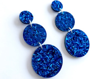 Electric Cobalt Blue Lush Triple Drops -  Laser Cut Drop Earrings - Dark Blue Glitter - Each To Own Exclusive