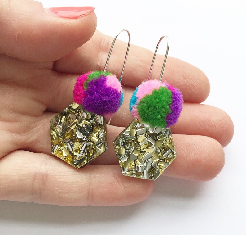 Hexie Lush Glitter Pom Drops / Each To Own / makeforgood / Laser Cut Glitter Earrings image 3