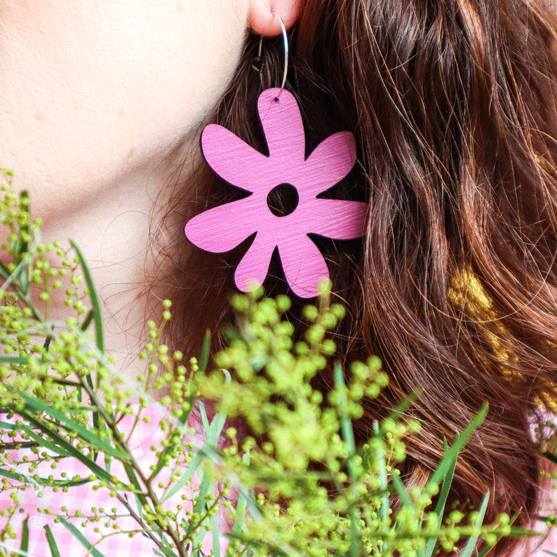 Daisy Hoops Hand Painted Tasmanian Oak Wooden Floral Hoop Earrings Laser Cut Each To Own Wooden Original Choose Your Colour image 3