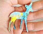 Summer Pixel Blue and Yellow Fawn Brooch - Paper Overlay Wooden Laser Cut