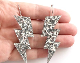 Bright Silver Glitter Bolt Drops Earrings - Laser Cut Glitter Acrylic Lightning Earrings - Silver Glitter