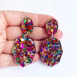 Gemstar Double Drops Fiesta Confetti Lush Glitter Acrylic Each To Own Original Geometric Drop Earrings Laser Cut image 4