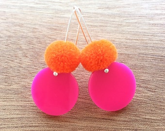 Spot Pom Drops - Hot Pink and Orange - Laser Cut Pompom Earrings