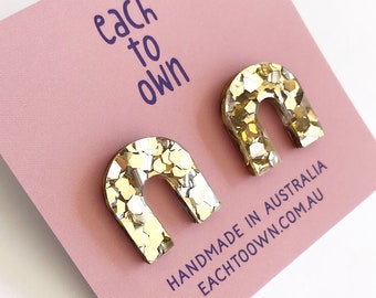 Fun Haus Slide Studs - Laser Cut Acrylic Earrings - Each To Own Original - Lush Gold/Silver Glitter