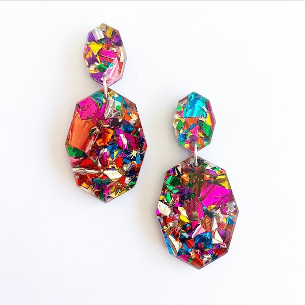 The Original Fireworks Gemstar Double Drops - Lush Glitter - Geometric Drop Earrings Laser Cut - Multi Coloured - Pls Read Description