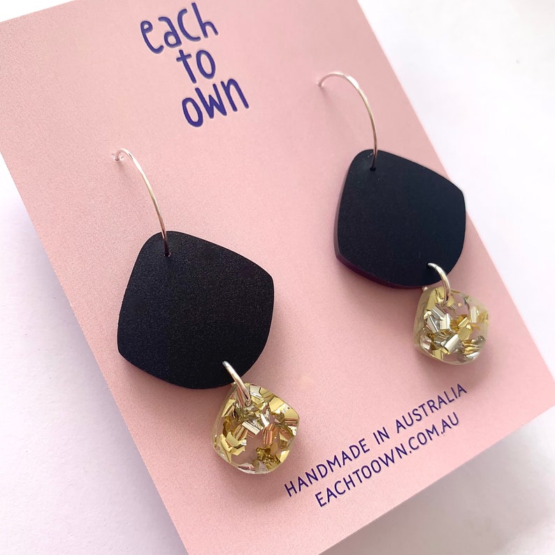 Double Pippi Drop HOOP OR HOOK Black Matte and Glitter Gold Silver Laser Cut Acrylic Geometric Drop Earrings Each To Own Original image 3