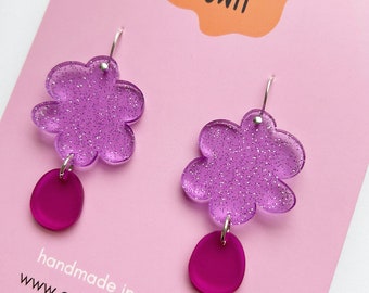 Pollen Drops  - Glitter Lilac and Frosted Plum - Geometric  Drop Earrings Laser Cut - Each To Own  Original