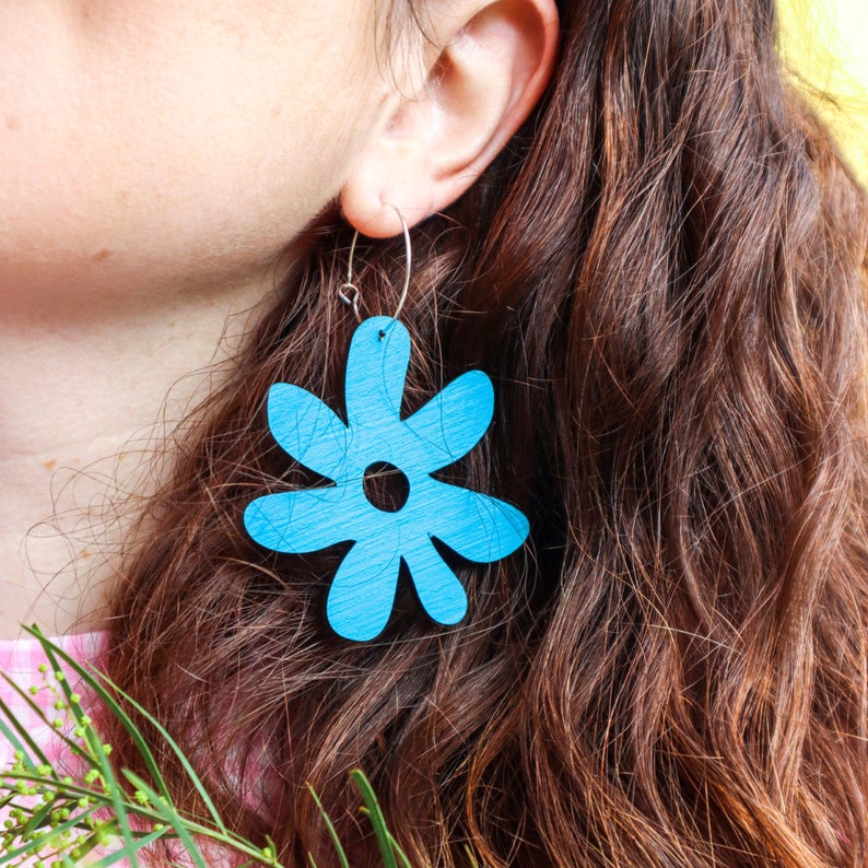 Daisy Hoops Hand Painted Tasmanian Oak Wooden Floral Hoop Earrings Laser Cut Each To Own Wooden Original Choose Your Colour image 4